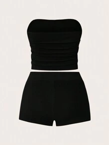 SHEIN Unity Conjunto casual de dos piezas de verano para mujer con parte superior sin tirantes plisada de unicolor y shorts - Multicolor - Ver 8