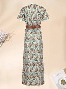 Fashionable Bohemian Floral Short Sleeve Long Dress - Brown - View 2