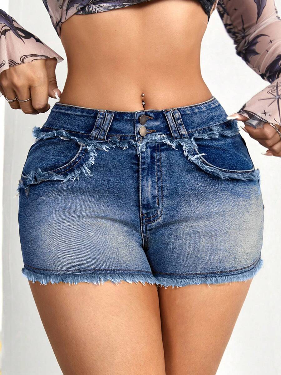 SHEIN ICON 女士夏季時尚磨邊修身迷你牛仔短褲 - 中等水洗藍 - 查看 1
