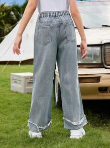 Quần denim thể thao thông thường Tween Girl với phong cách cá tính - Rửa tối - Xem 2