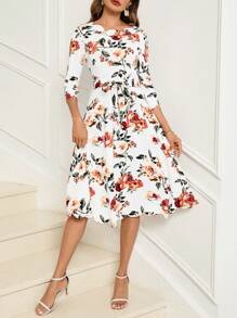 SHEIN Clasi Đầm Kèn Trumpet Slim-Fit In Hình Viền Sò Điệp Cho Nữ (Có Thắt Lưng) - Nhiều màu - Xem 3