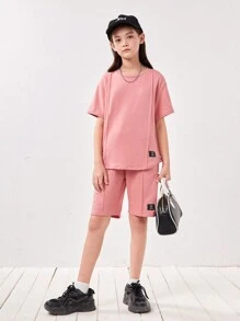 SHEIN Tween Girls' Loose Fit Casual Round Neck Letter Patched T-Shirt And Shorts Set - Pink - View 1