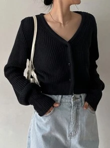 Dazy-Less 纯色纽扣前短款开衫，复古风格，秋季服装 - 黑色 - 查看 4