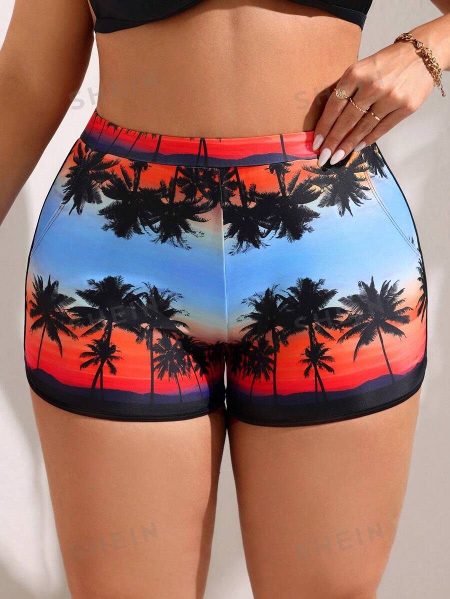 SHEIN Swim Curve Shorts de verano para vacaciones en la playa con estampado de palmeras de talla grande