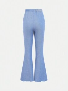 Conjunto de 2 piezas de top de camisola brillante de unicolor y pantalones acampanados para adolescentes - Azul - Ver 5
