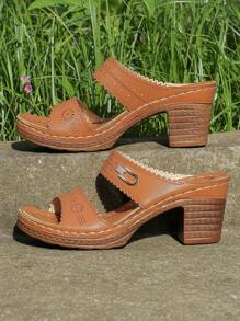 European And American Style Chunky Heel Women's Sandals, New Fashion Hollow Out Chunky Heel Slippers, High Heels, Outdoor Shoes For Women