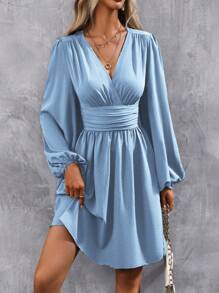 EMERY ROSE Women's Shirred V-Neck Long Sleeve High Waist Summer Dress Fall Cloth For Women