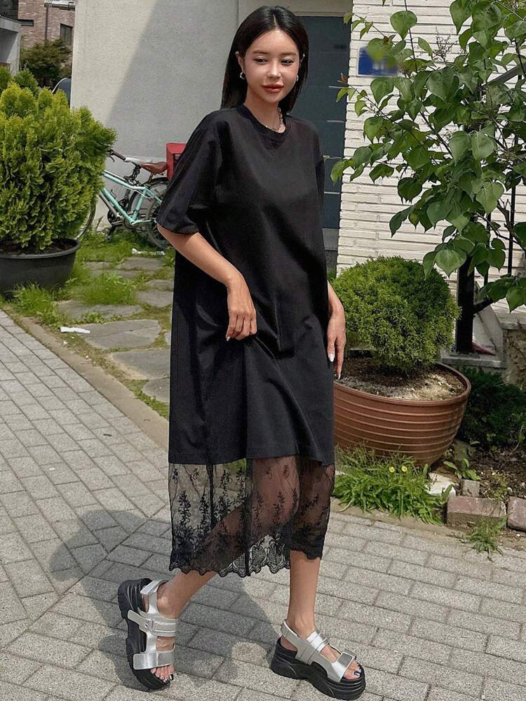 Lace Trimmed Loose Short Sleeve T-Shirt Dress For Women Summer Sundress,Casual Women Dresses Maxi Dress