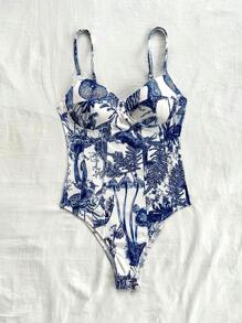 Soleia Body vintage para mujer en estilo informal y romántico con estampado floral azul y blanco y estilo sin espalda en forma de copa, ideal para vacaciones