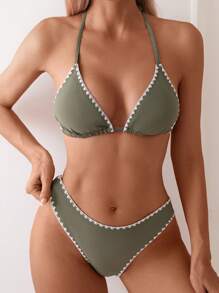Swim Basics Conjunto de bikini floral de verano para mujer con top halter con flecos, conjunto de bikini