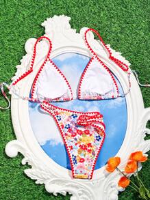 SHEIN Swim Damen Bikini Set, Bikini Set, Triangel-Bikini, zufälliges Muster, Bikini Set mit verspieltem Blumendruck, Sommer Badeanzug Strandurlaub - Verschiedenfarbig - Übersicht 4