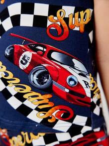 SHEIN Young Boy Snug Fit Race Letter Pattern Short Sleeve Shorts Knit Moisture-Wicking Breathable Home Pajamas Set, 2pcs - Black - View 4