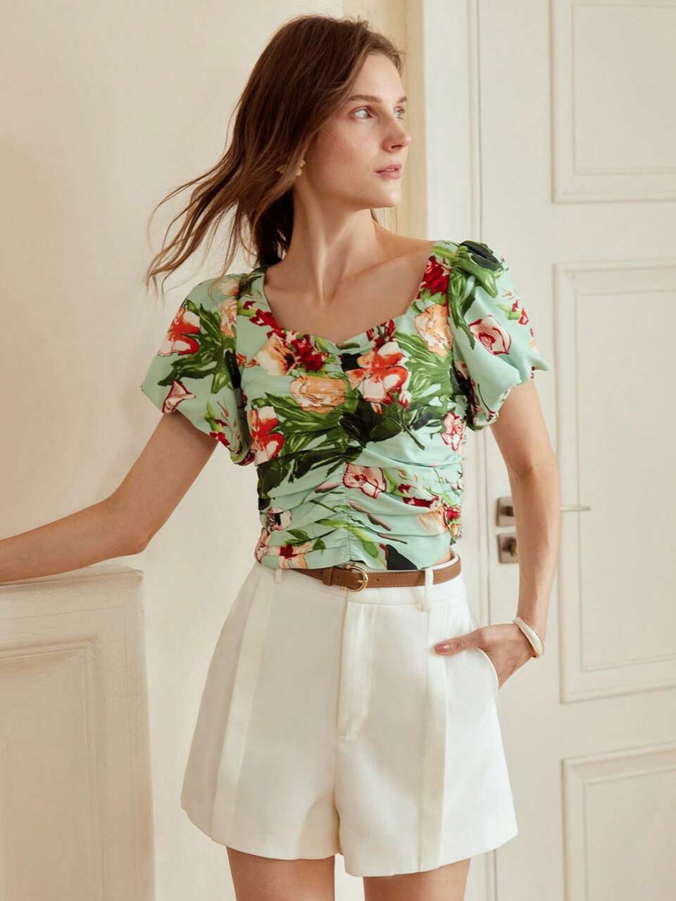 PLANTS PRINT SWEETHEART NECK TIE BACKLESS PUFF SLEEVE RUCHED BLOUSE