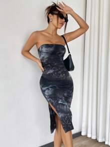 SHEIN EZwear 染色針織女士無肩帶連衣裙 - 黑與白 - 查看 1