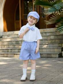 SHEIN Camicia bianca a maniche corte per bambini e gilet blu, vestito estivo a pantaloncini con elastico in vita blu, stile da gentleman, adatto per feste di compleanno, feste serali, spettacoli, matrimoni, battesimi e primi compleanni