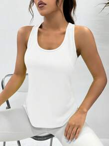 SHEIN Sports 罗纹针织工字背短款上衣 夏季背心 健身上衣 运动背心 - 白色 - 查看 2
