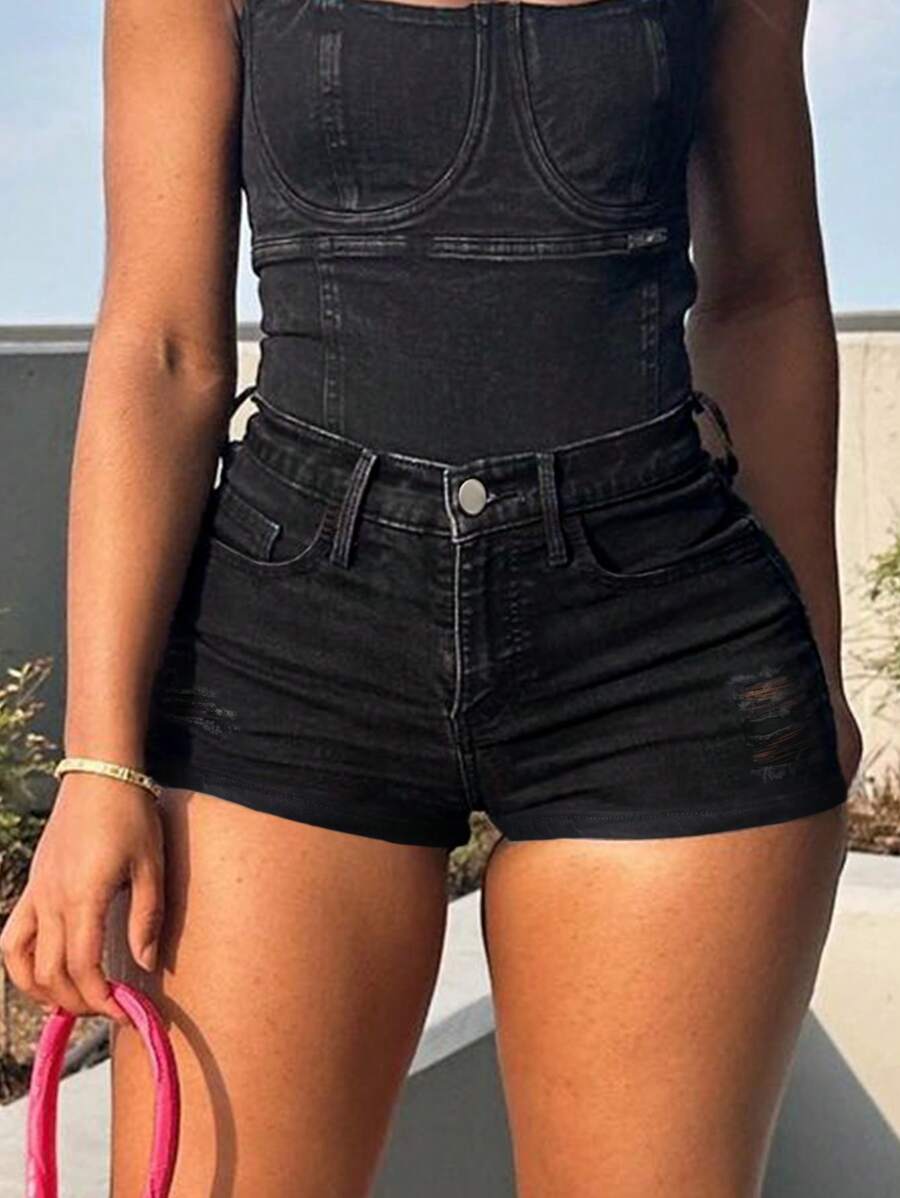 Women's Summer New Ripped Pocket Denim Shorts - Black - View 1