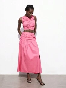 Maija 2pcs Outdoor Set For Women: Watermelon Pink Ruffle Trim Top + Pleated Skirt