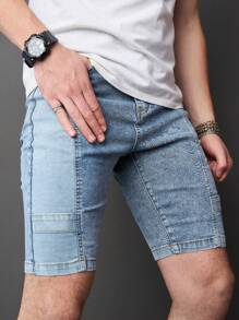 Manfinity Homme Shorts Denim Casuais Masculinos Slim-Fit Com Bolsos, Shorts Denim de Verão - Preto - Visão 1