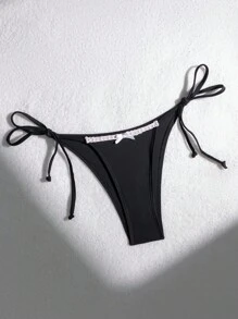 SHEIN Swim Women's Summer Beach Color Block Bikini Bottoms With Bow Decorations On Both Sides And Knotted Triangle Design - Black - View 3