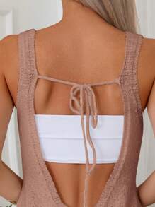 SHEIN Swim 女士纯色无袖吊带连衣裙 夏季 - 卡其色 - 查看 5