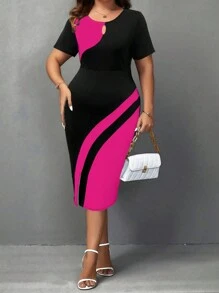 SHEIN Clasi Plus Size cổ tròn tương phản màu sắc mùa hè Váy ngắn tay thường ngày - Nhiều màu - Xem 5
