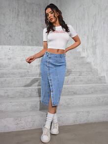 SHEIN PETITE Women's Side Button Slim Fit Denim Pencil Skirt - Light Wash - View 5