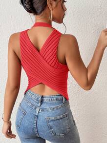 Chiquease Top de tejido sin mangas casual con cruces en la espalda de unicolor para mujer en verano - Rosado Sandía - Ver 5