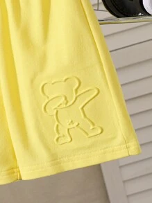 SHEIN 男童小熊图案短袖圆领T恤短裤套装，黄色童装