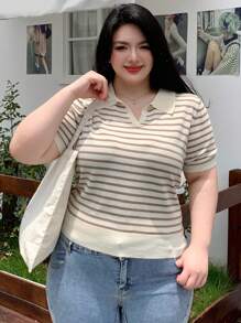Dazy Plus Plus Size Casual Striped Knit Short Sleeve Top With Patchwork Collar, For Summer,Back To School Clothes - Khaki - View 9