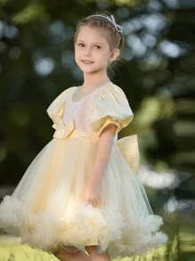 SHEIN Glamorique Kids Fusta de petrecere pentru fetiță drăguță prințesă umflată, material plasă - Bej - Vizualizare 3