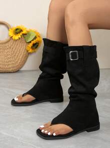 Fall/Winter Women's Dual-Use Peep Toe Suede Cowboy Boots With Pleated Design, Knee-High Boots For Bootcut Jeans And Sandals, Mid-Calf Boots