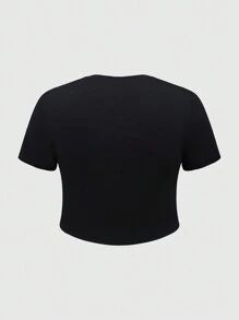 ROMWE Grunge Punk Plus Size Y2K Trái Tim Chữ Đồ Họa Đính Kim Cương Giả Tôn Dáng Slim Fit Áo Thun Crop Top - màu đen - Xem 2