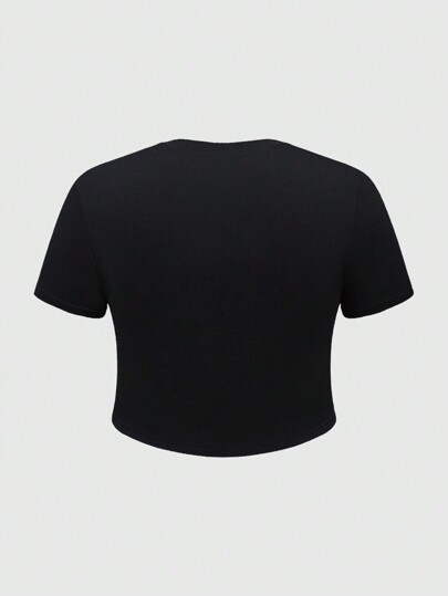 Grunge Punk Camiseta corta ajustada para talla grande con gráfico de letra de corazón Y2K, adornado con diamantes de imitación