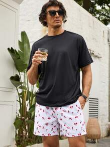 Surfspeed 男士樱桃印花抽绳腰沙滩短裤，夏季度假，夏威夷风 - 白色 - 查看 5