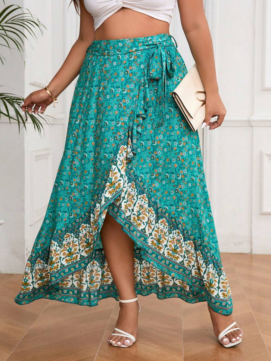 SHEIN Privé Plus Size Summer Beach Vacation Printed Ruffle Hem A-Line Women's Skirt - Multicolor - View 1