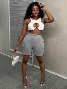 Slaydiva Simple And Casual Base Summer Shorts For Women, With Elastic Waistband, Drawstring, Tag Patch, Workwear Pocket And Three Quarter Length