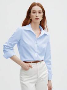 BizChic 女士休闲翻领长袖衬衫，基础都市通勤风格，简约优雅时尚商务休闲风，适合教师及办公室穿着，秋季款 - 藍色 - 查看 4