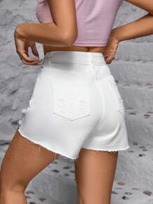 SHEIN EZwear Women's Solid Color Frayed Edge Distressed Denim Shorts, Summer - White - View 2