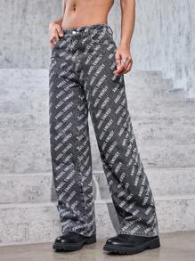 SHEIN EZwear Women's Loose Fit Straight-Leg Jeans With Letter Print Pockets - Grey - View 3