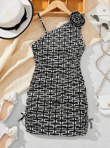 SHEIN Knitted Asymmetrical Neck Dress, Suitable For Tween Girls' Casual Wear In Summer - Black and White - View 7