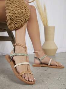 SHUZIA Ladies' Color Block Casual Flat Sandals Summer Shoes Spring Shoes Spring Break Easter Vacation Shoes Casual Shoes Beach Shoes Mother's Day Present - Khaki - View 4