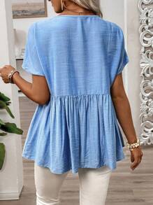 SHEIN LUNE 女士时尚蓝色亚麻混纺露肩泡泡袖开衩下摆衬衫 - 藍色 - 查看 2