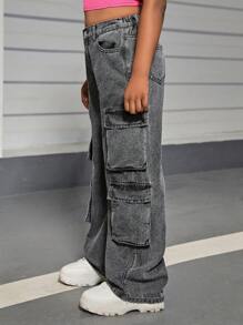 SHEIN Tween Girls Y2K Trendy Stonewashed Cintura Alta Perna Reta Cargo Jeans Com Bolsos De Aba Utilitários, Roupas De Calças De Verão Para Meninas