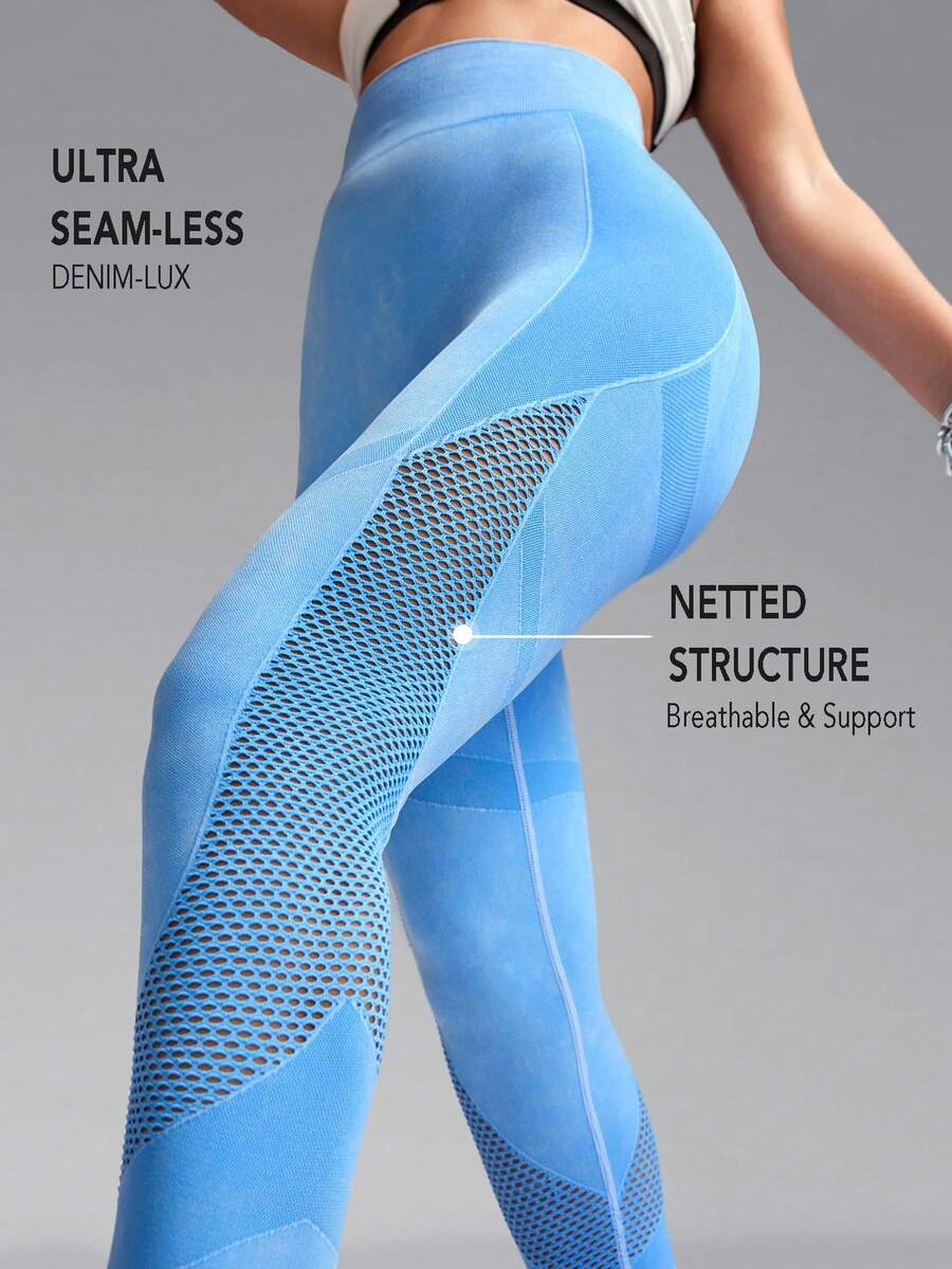 Innovista Wash Denim Effect Lưới thoáng khí Hỗ trợ liền mạch Quần legging thể thao, Kiểm soát bụng cạp cao, Nâng mông, Trang phục tập luyện, Trang phục thường ngày & Phòng tập thể dục - Màu xanh lam - Xem 1