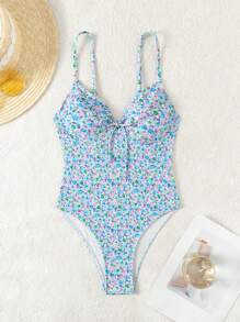 Swim Mod Summer Beach Vacation One-Piece Swimsuit With Random Ditsy Floral Print - Multicolor - View 3