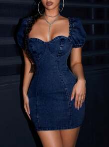 SHEIN ICON 女士性感泡泡袖修身迷你牛仔裙，夏季 - 深色水洗藍 - 查看 8