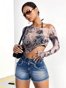 SHEIN ICON 女性鬆緊邊牛仔短褲帶口袋，夏季性感風格 - 淺色水洗藍 - 查看 3