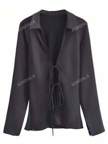 Chemise satin moulante de couleur unie avec nœud, look Y2K sexy pour femme au printemps/été. Tenue de remise des diplômes
