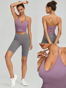 GLOWMODE 緊身運動上衣，開放式背部和頸後繫帶設計 - 玫紅色 - 查看 8